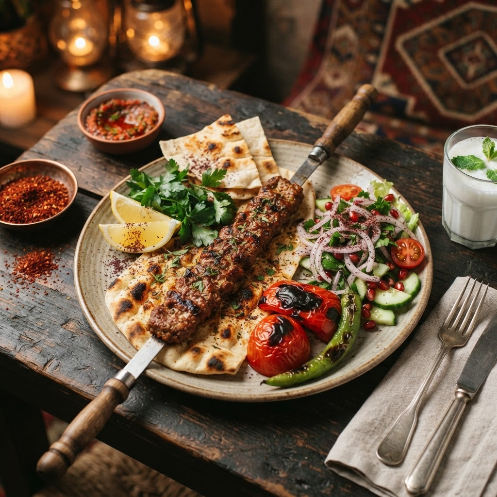 Adana kebab z rusztu na talerzu