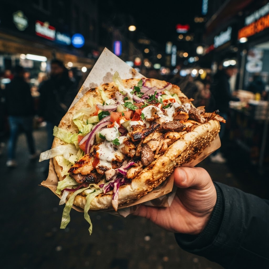 Duży kebab mieszany w bułce z surówkami