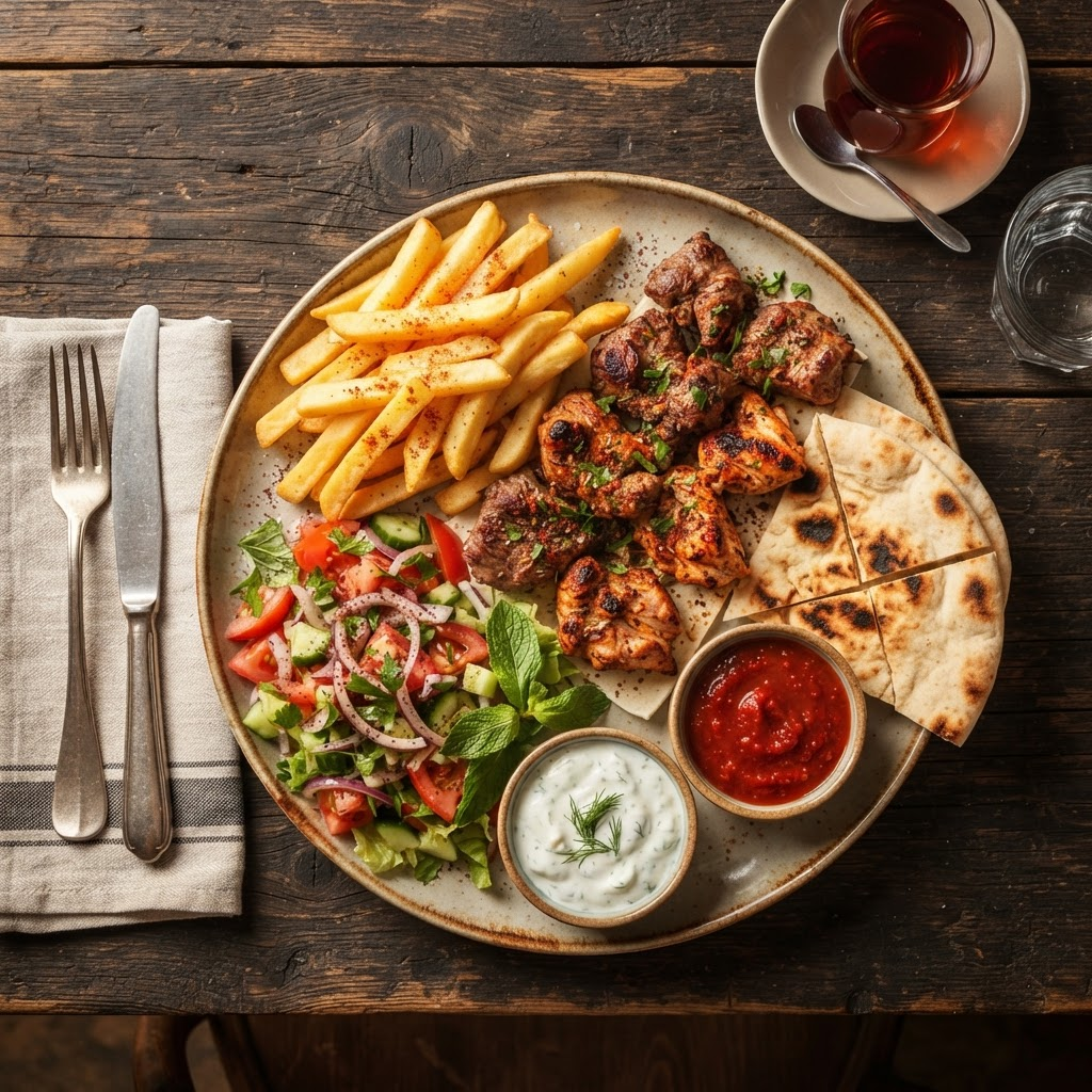 Talerz kebab z pitą, frytkami i sosami